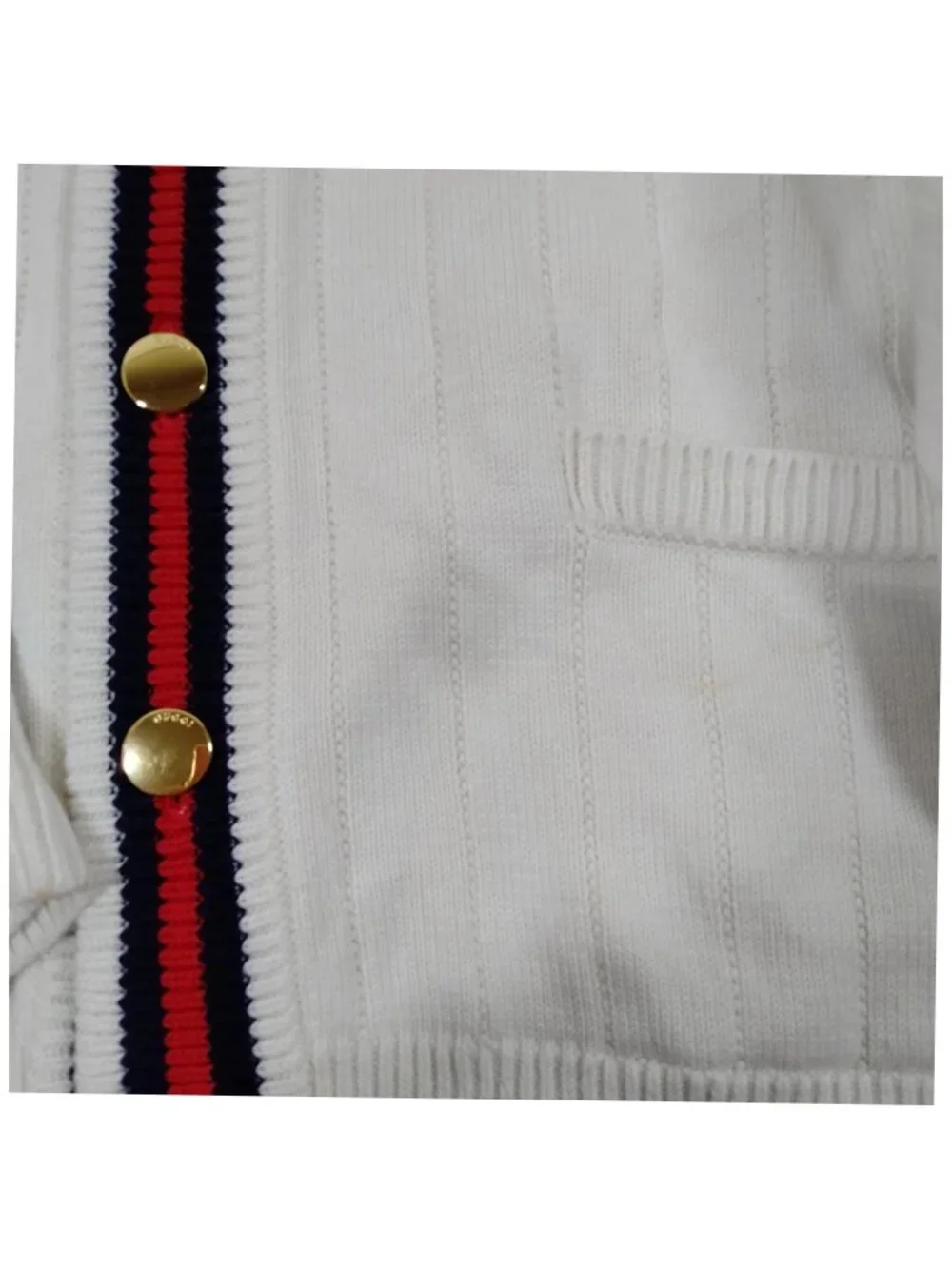 Gucci Web Stripe V-Neck Cardigan Ivory Red Navy Gold Button Luxury Sweater